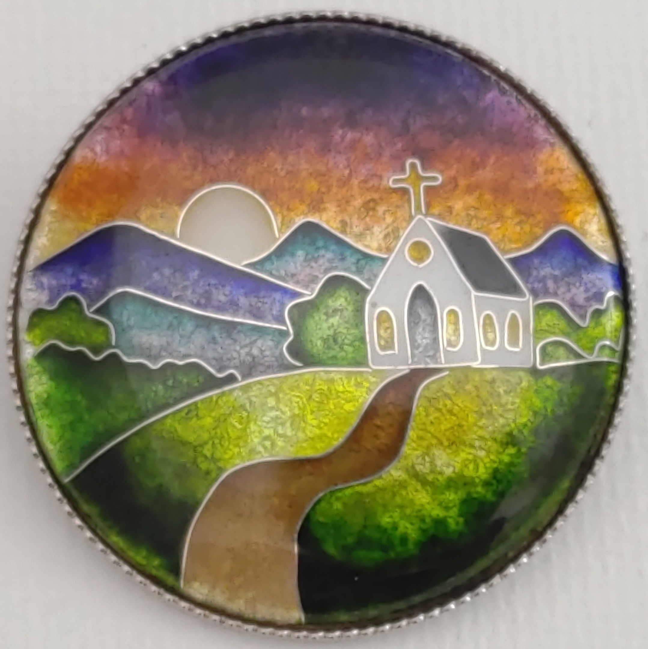 七宝焼きブローチ 【丘の上の教会（夕）】