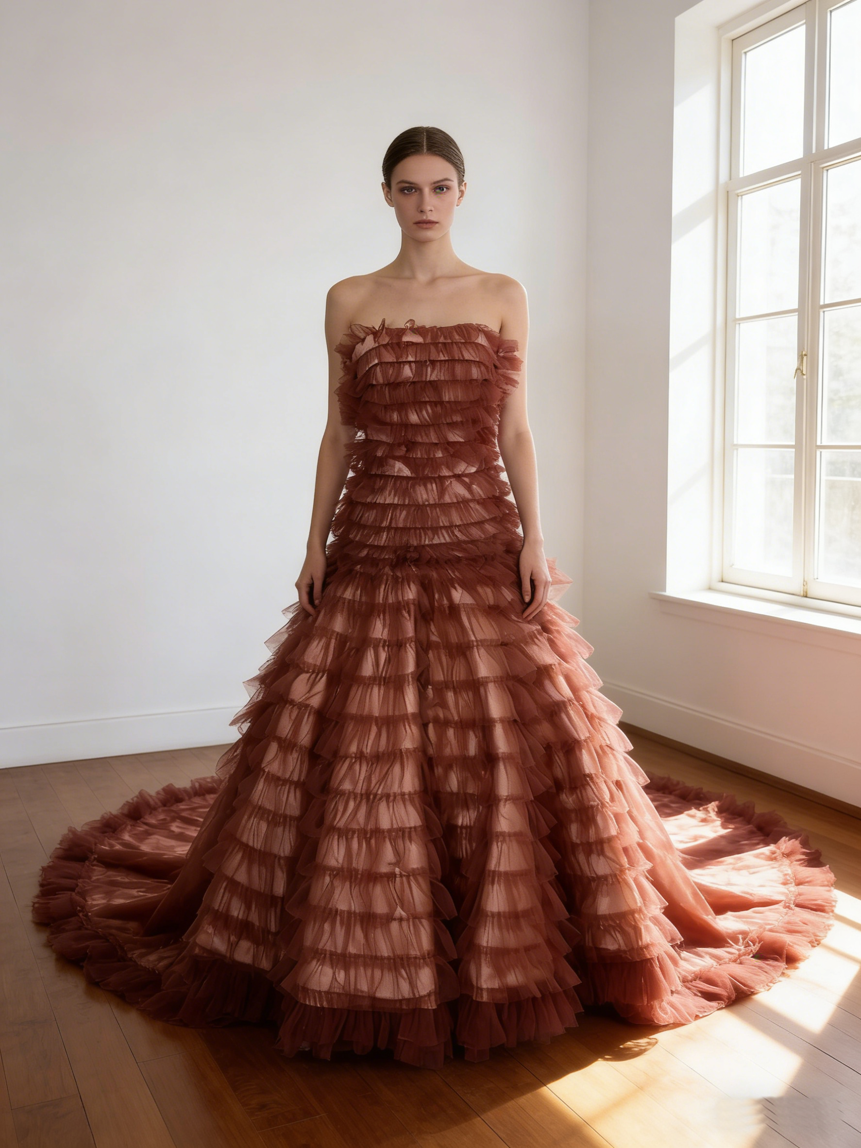 カラードレス テラコッタ色  韓国風ドレス  スリット  編み上げ  華やかなトレーン  ビスチェドレス 花嫁 前撮り