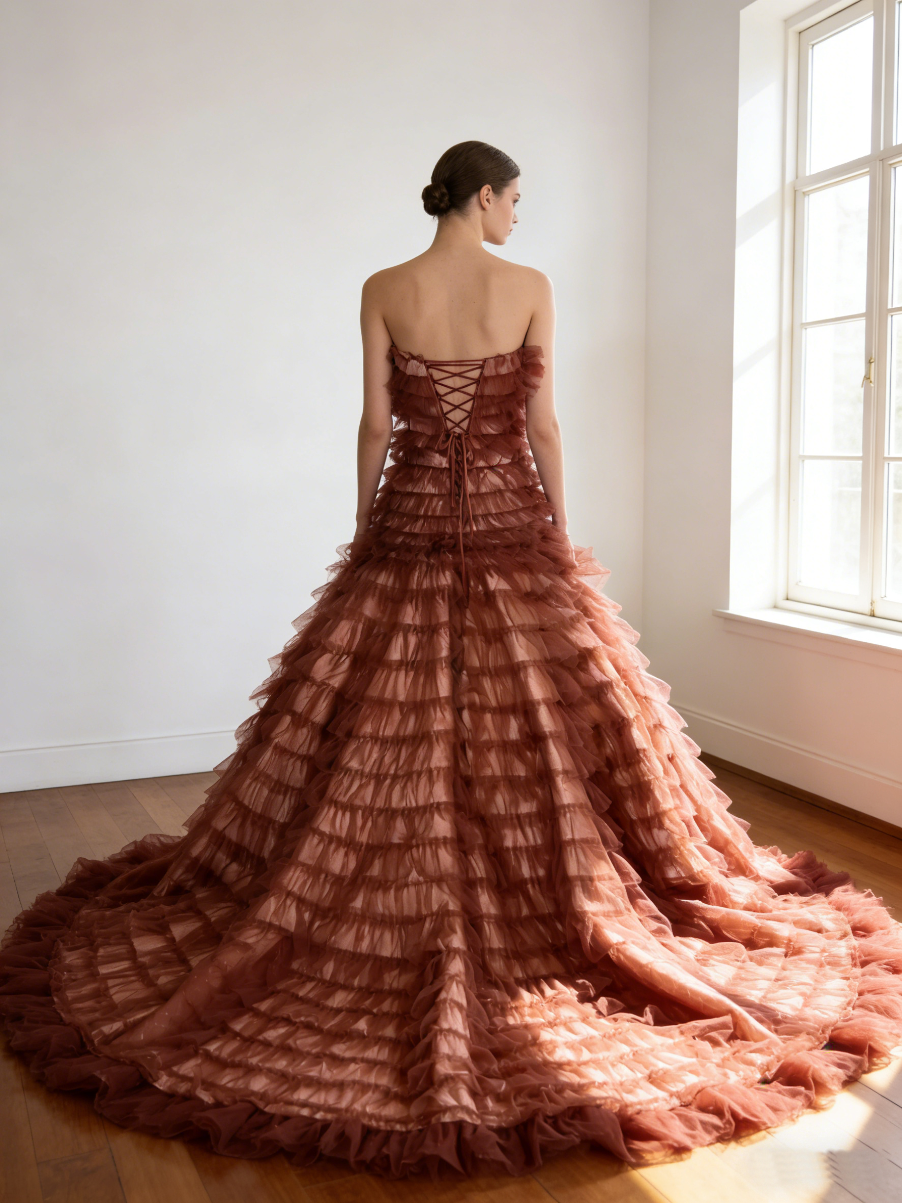 カラードレス テラコッタ色  韓国風ドレス  スリット  編み上げ  華やかなトレーン  ビスチェドレス 花嫁 前撮り