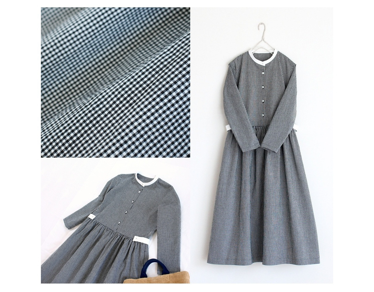 c_o_c_o_r_o　クラシックな品の良さが薫る2mmギンガムチェック（白×黒）ロングワンピース