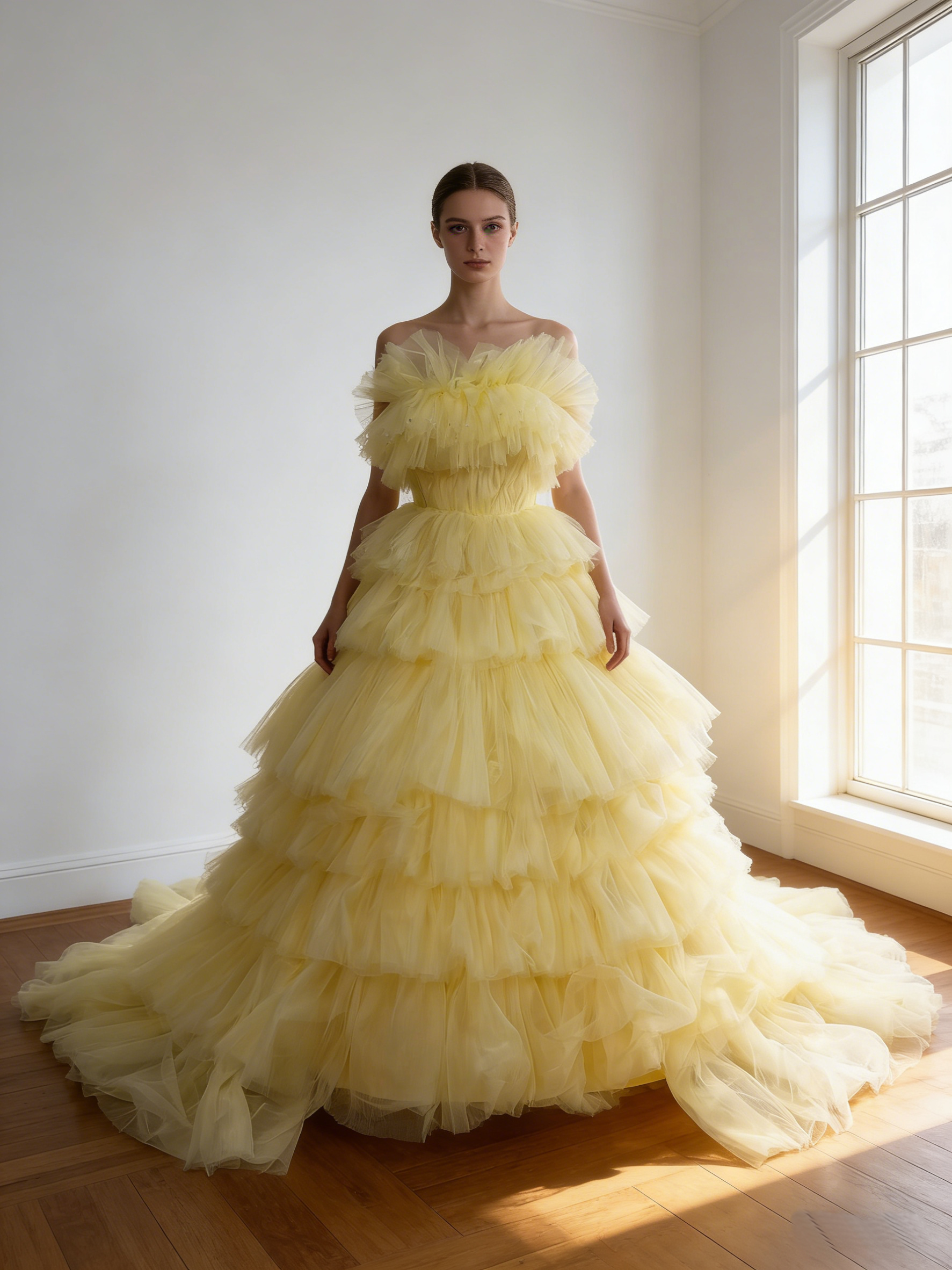 カラードレス パステルイエロー ビスチェドレス  スリット トレーン  目立つ  色直し ブライダル