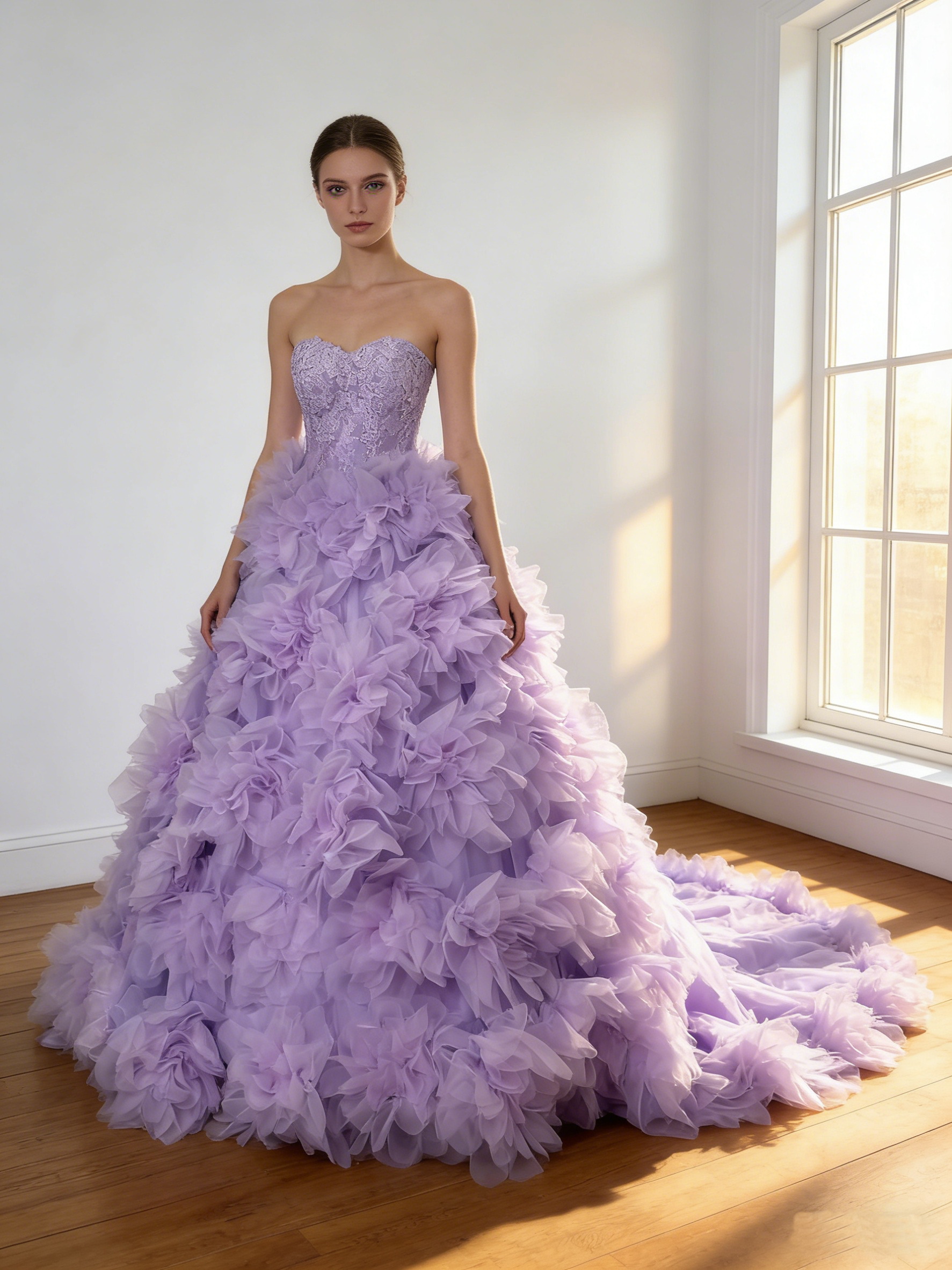 カラードレス  パープル  繊細なレース  上質オーガンジー  編み上げ  ビスチェドレス  トレーン  ブライダル