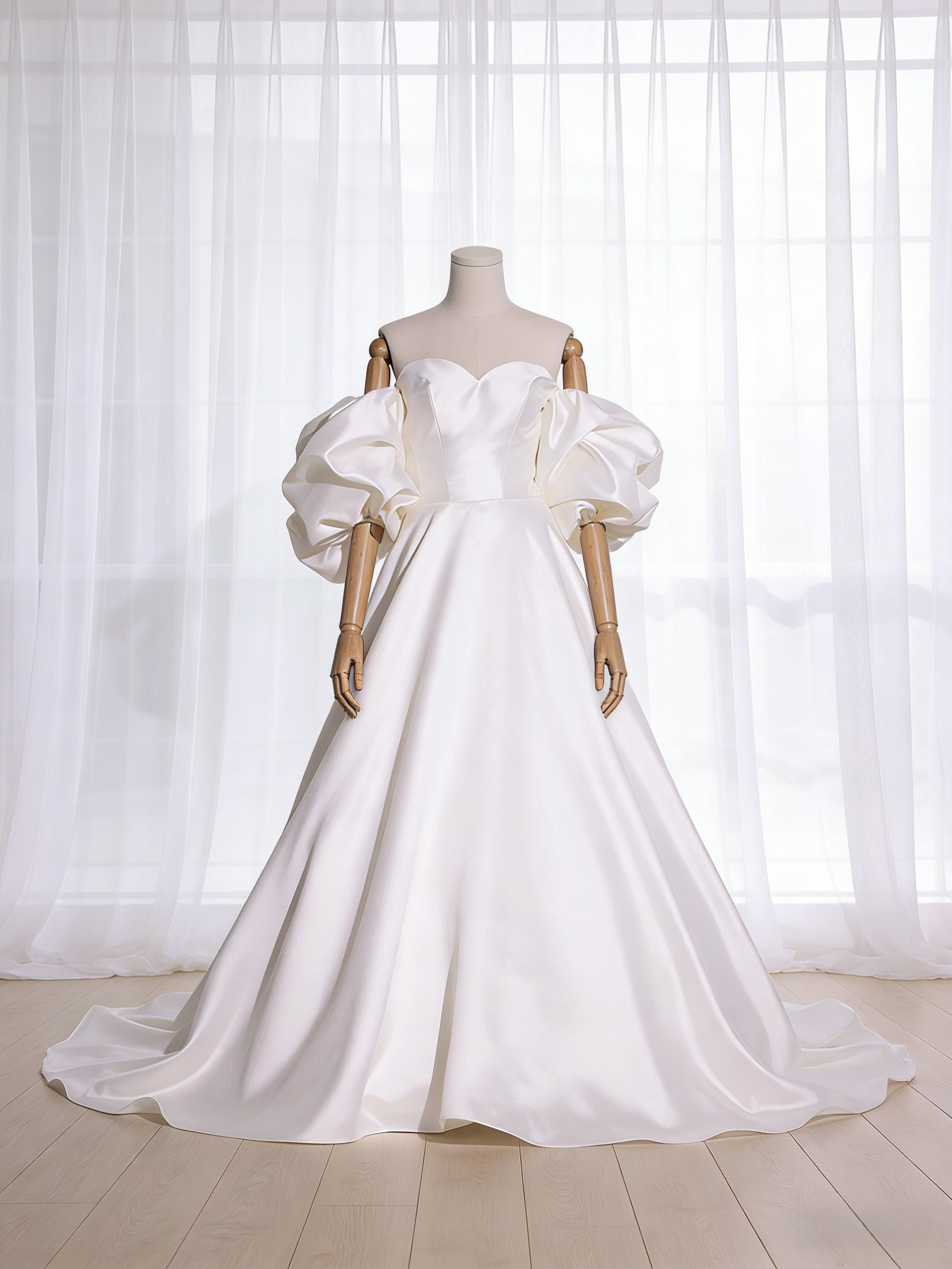 ウェディングドレス ベアトップ フリル袖 光沢サテン ミニトレーン エレガント 結婚式
