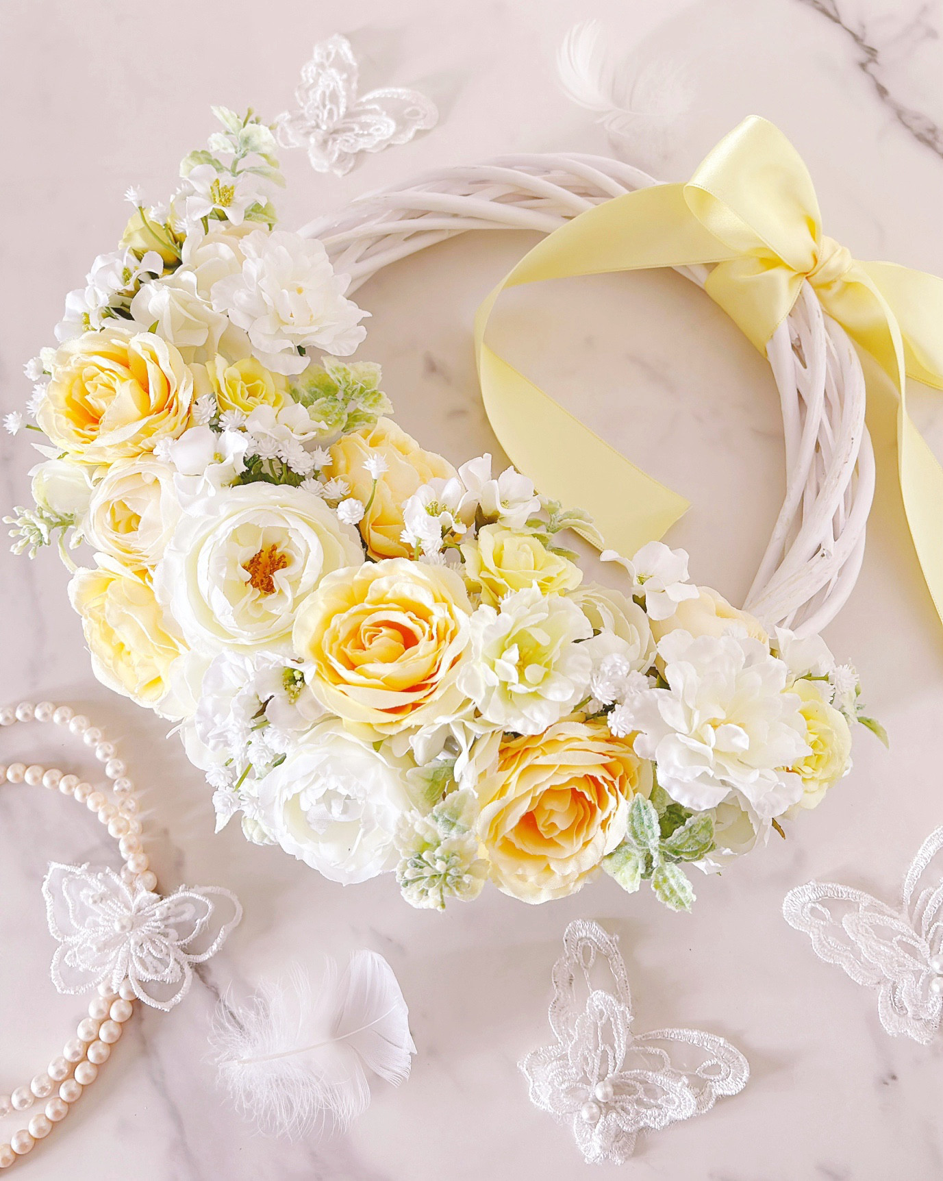 春リース　フラワーリース　イエロー　造花　玄関インテリア　アーティフィシャルフラワー　ナチュラルリース