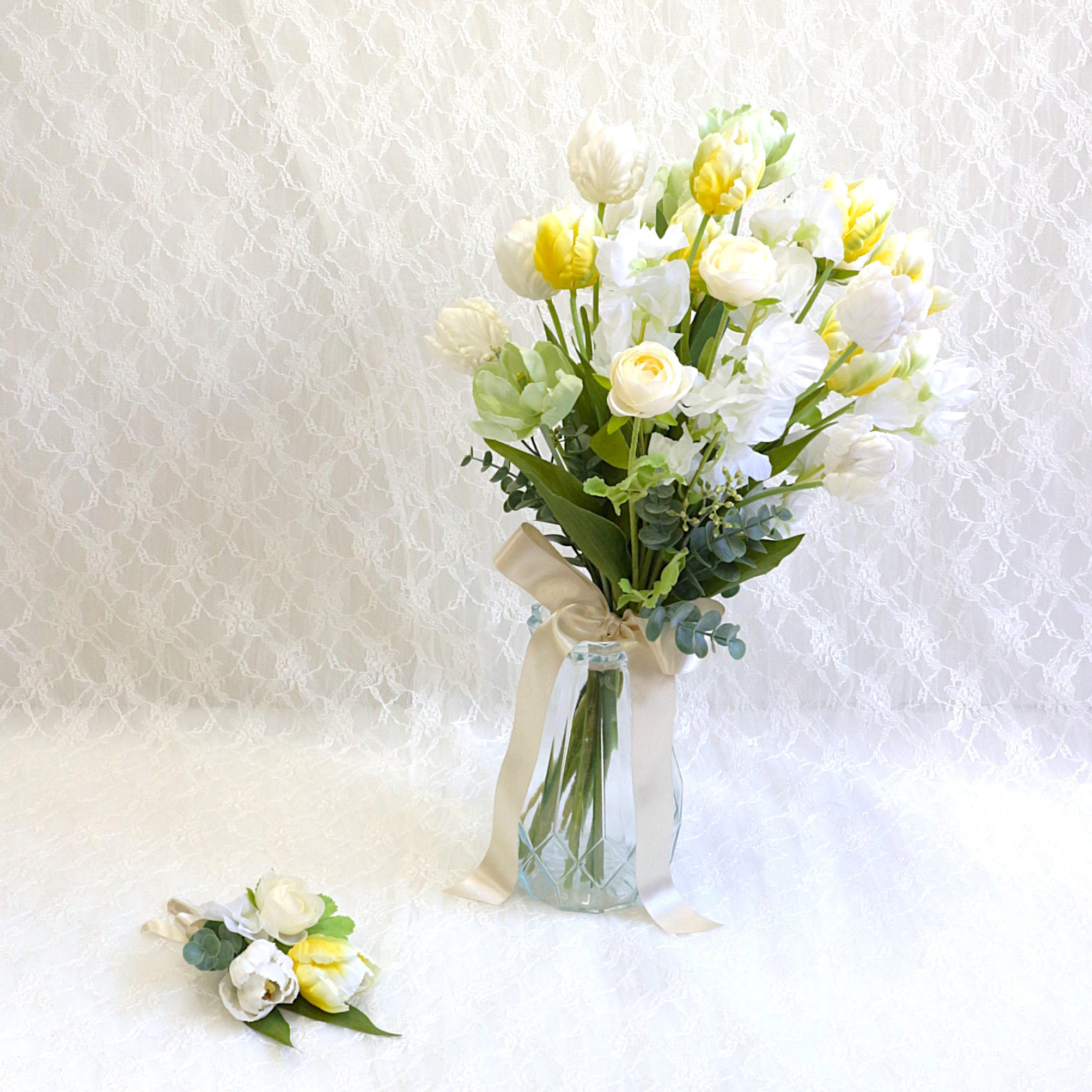 チューリップとスイトピーのブーケ＆ブートニアset