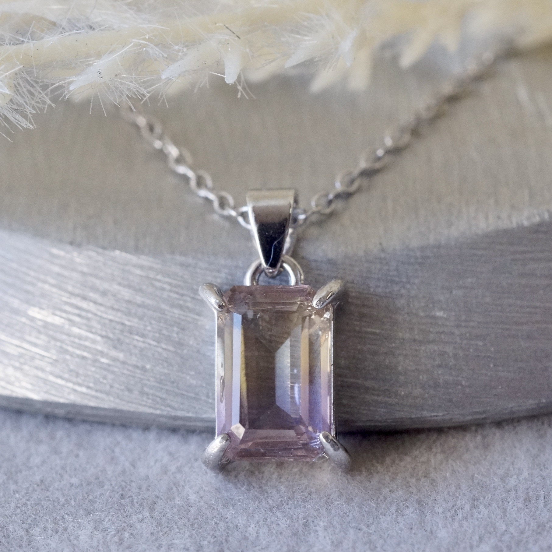 アメトリン　レクタングル　ペンダントトップ　ロジウムコーティング　シルバー925　8x6mm