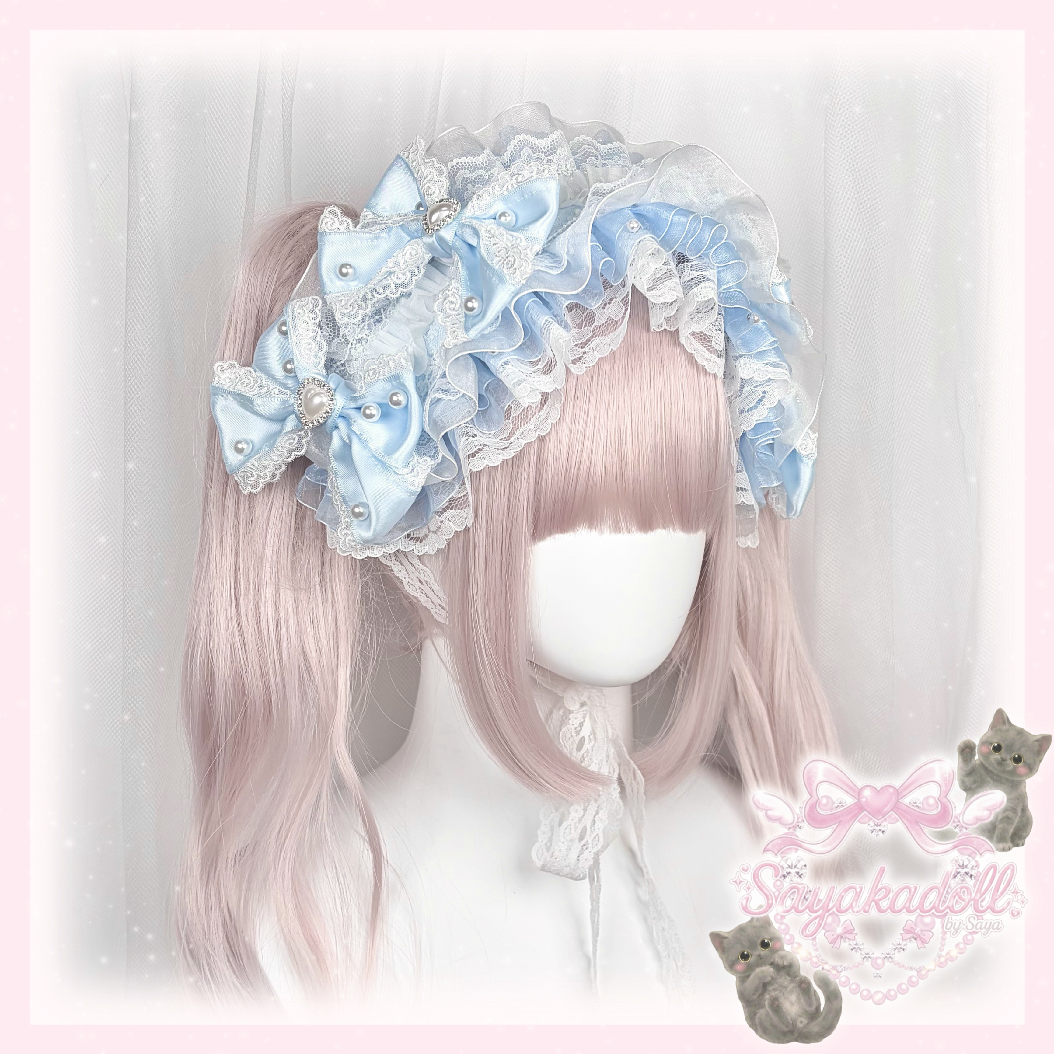 ♡ No.7 プリンセスリボン フリルレース こぼれるパールの宝石箱3wayヘッドドレス light blue ♡