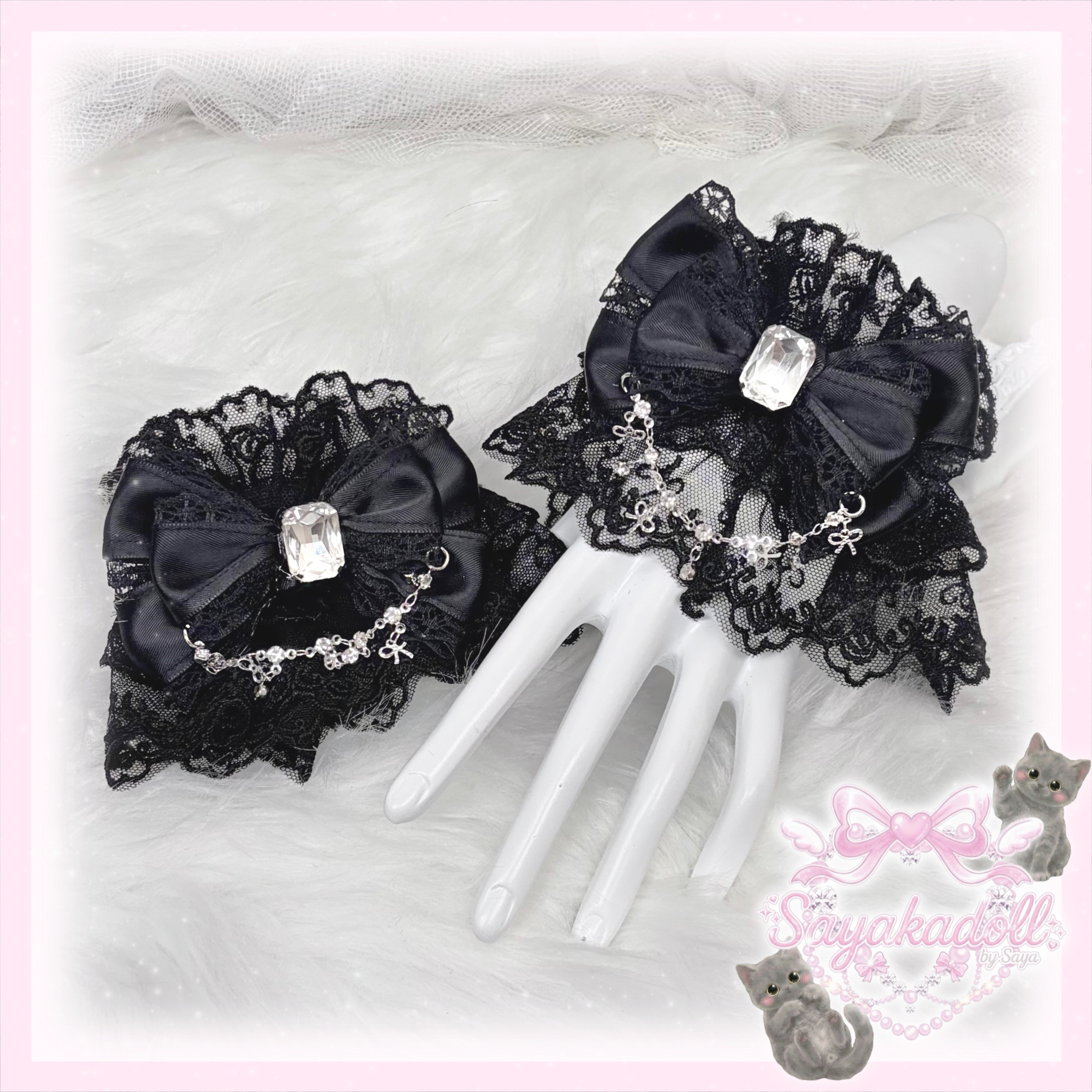 ♡ No.3 姫系クリスタルドロップ 大人かわいい姫系リボンカフス／お袖留め black ♡