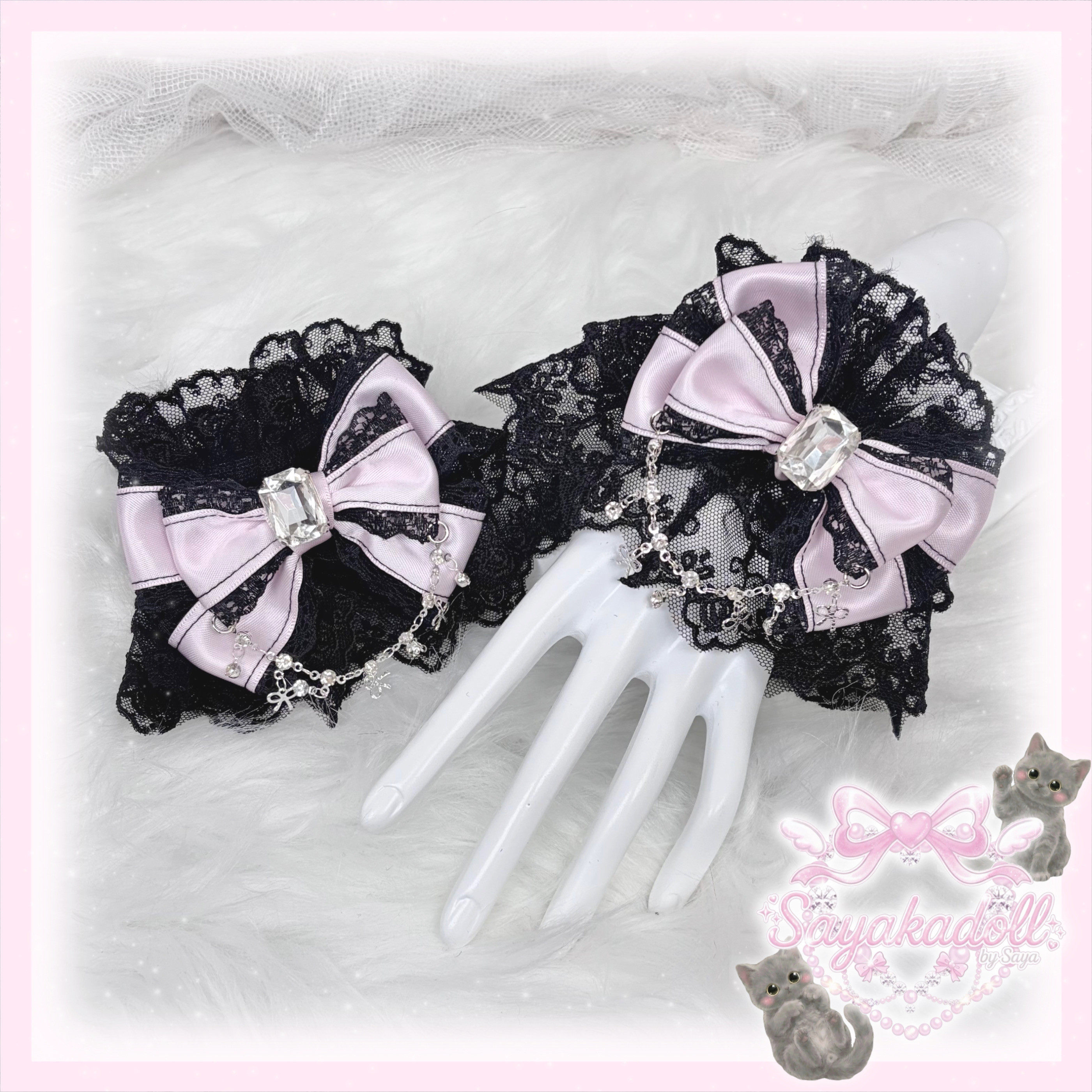 ♡ No.3 姫系クリスタルドロップ 大人かわいい姫系リボンカフス／お袖留め black×pink ♡