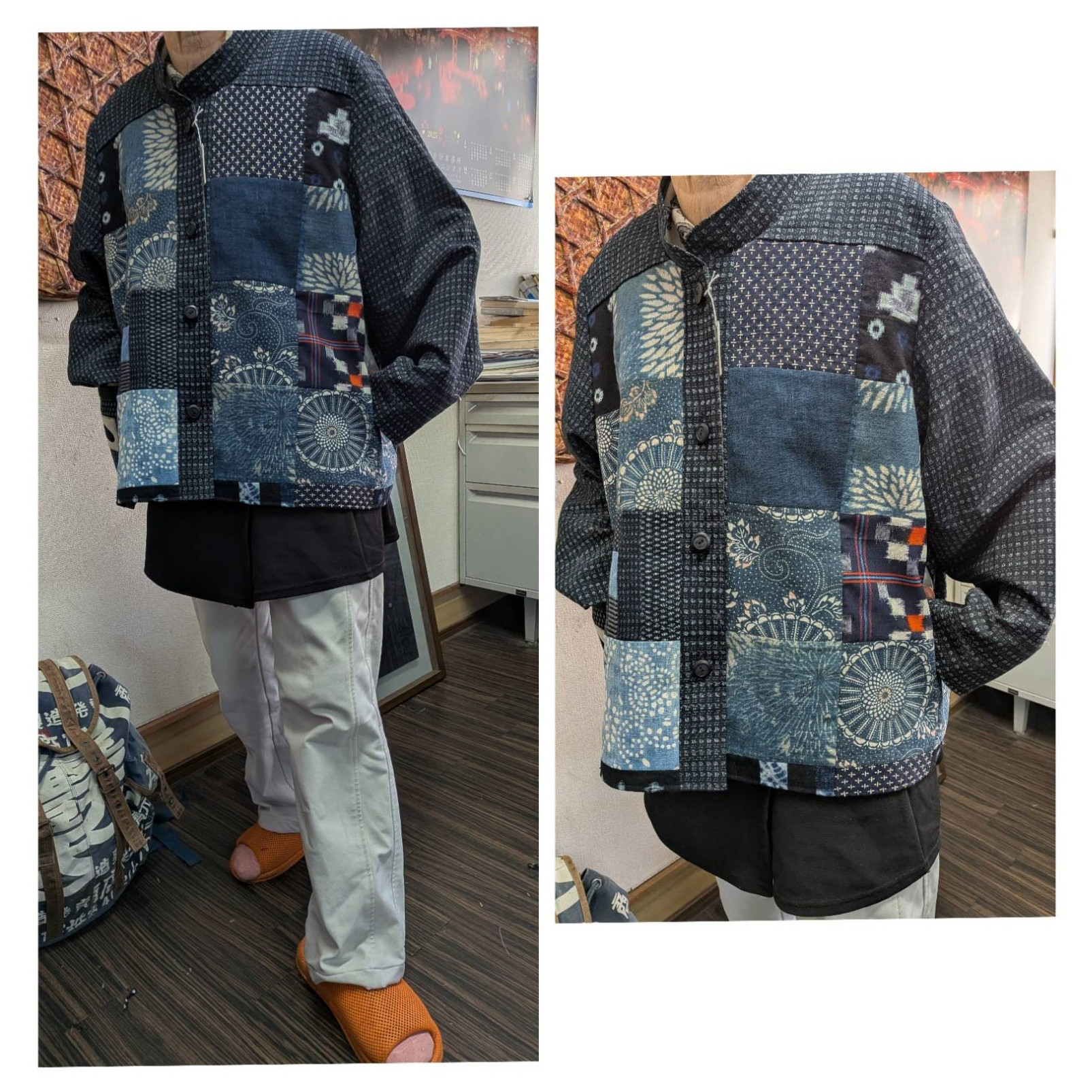 書生絣、パッチワークと大島袖のリバーシブル前開きジャケット　　　古布リメイク