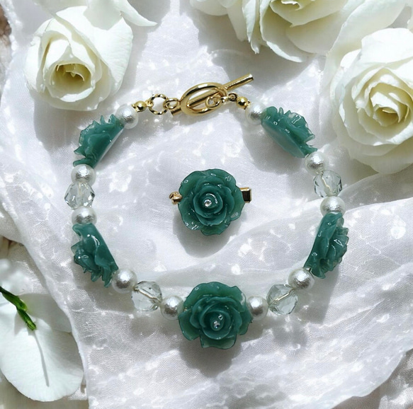 《グリーンアメジスト・ローズ》薔薇マンテルブレスレット/3A宝石質グリーンアメジスト/コットンパールサージカルステンレス 1枚目の画像