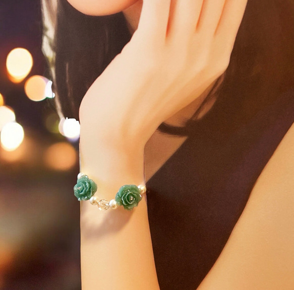 《グリーンアメジスト・ローズ》薔薇マンテルブレスレット/3A宝石質グリーンアメジスト/コットンパールサージカルステンレス 12枚目の画像