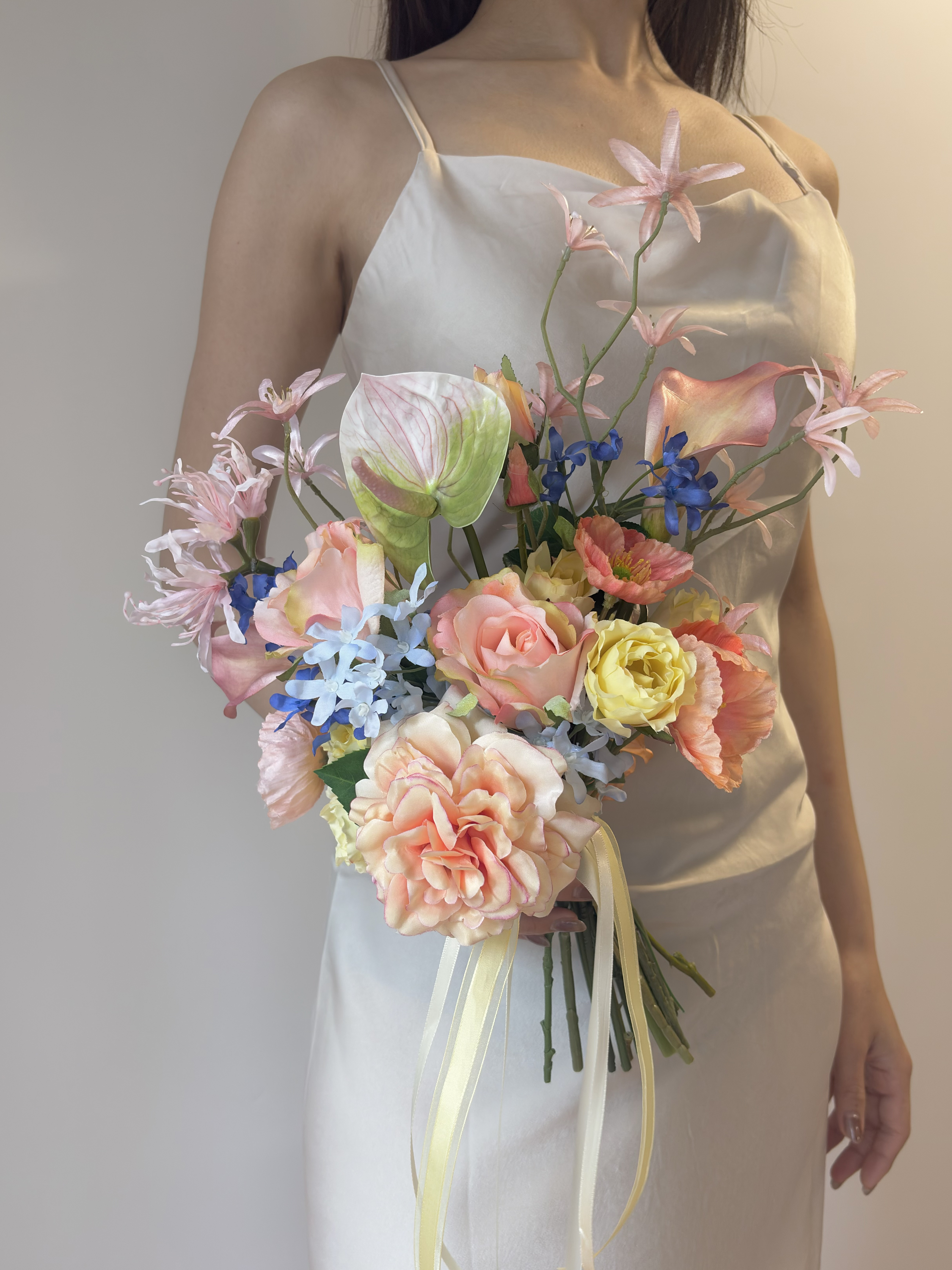 【ブートニア付】パステルカラーのミックスブーケ（造花）｜結婚式持ち込みに