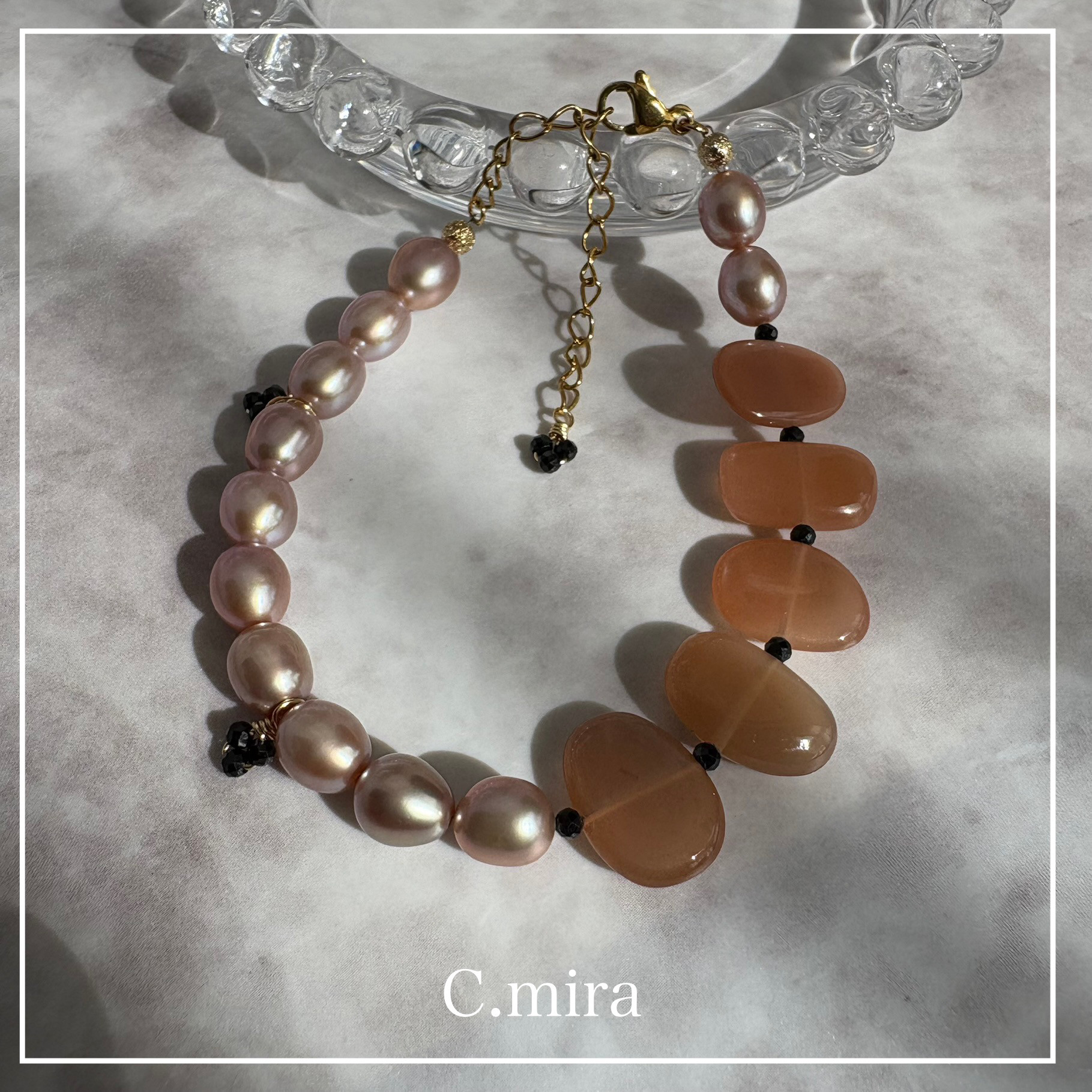 天然石 ブレスレット / オレンジムーンストーン ブラウンパール ブラックスピネル 金具選択可能