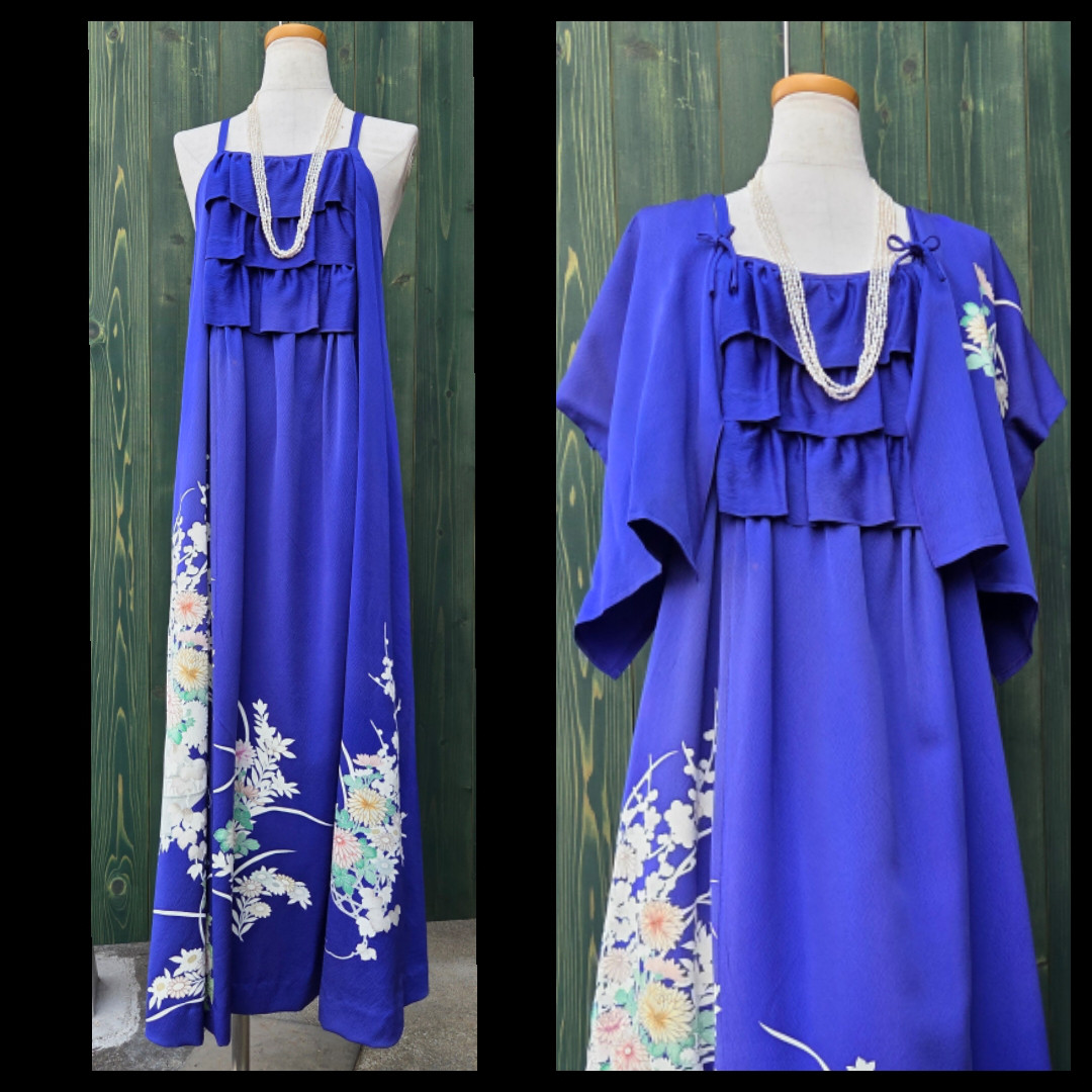 ※送料無料※ロイヤルブルー※フリル※ロングキャミドレス※ボレロ付き※フリーサイズ※発表会※披露宴※衣装※ジャンスカにも