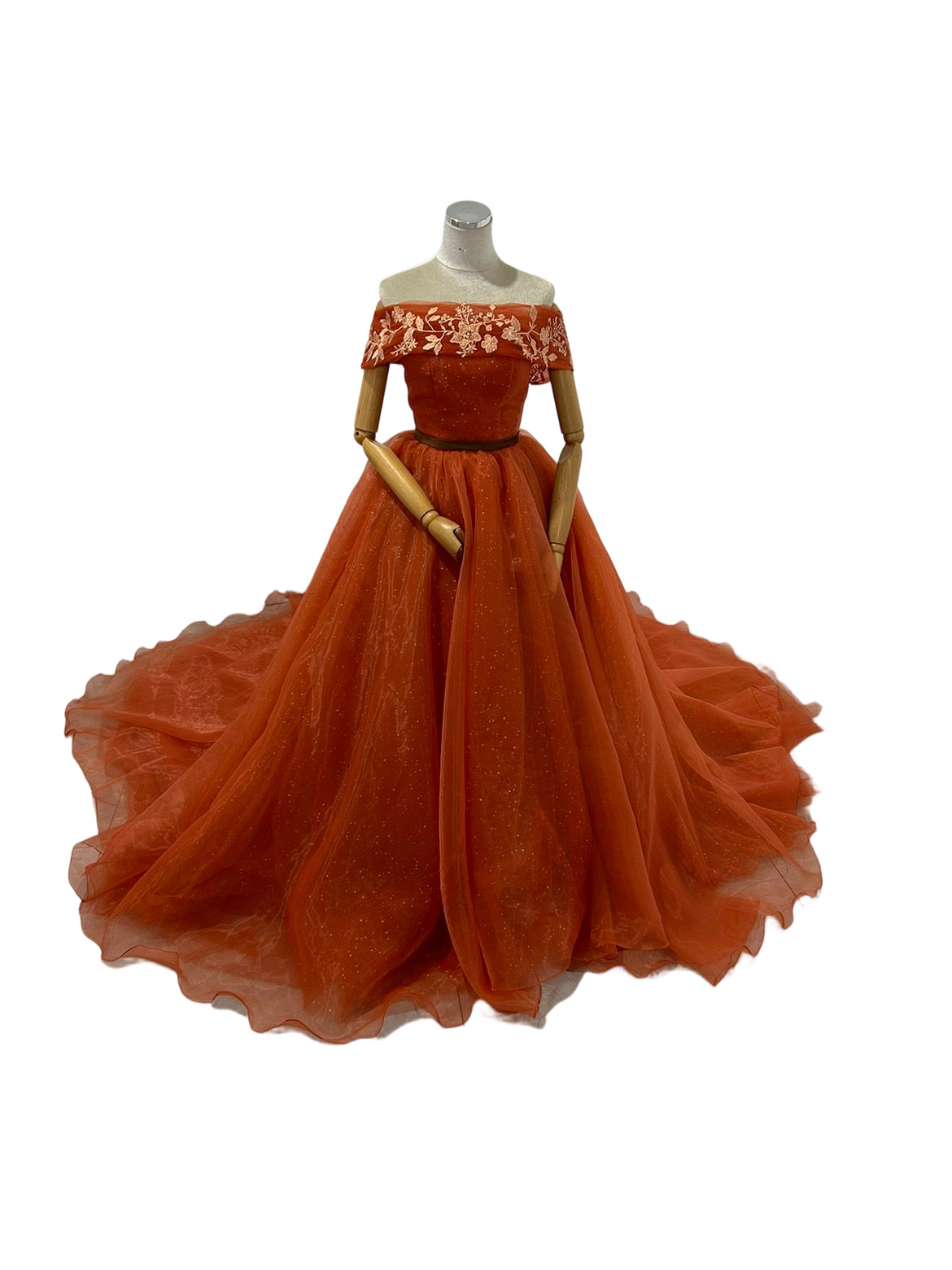 カラードレス テラコッタ オフショルダー サッシュベルト キラキラグリッターチュール 上質オーガンジー