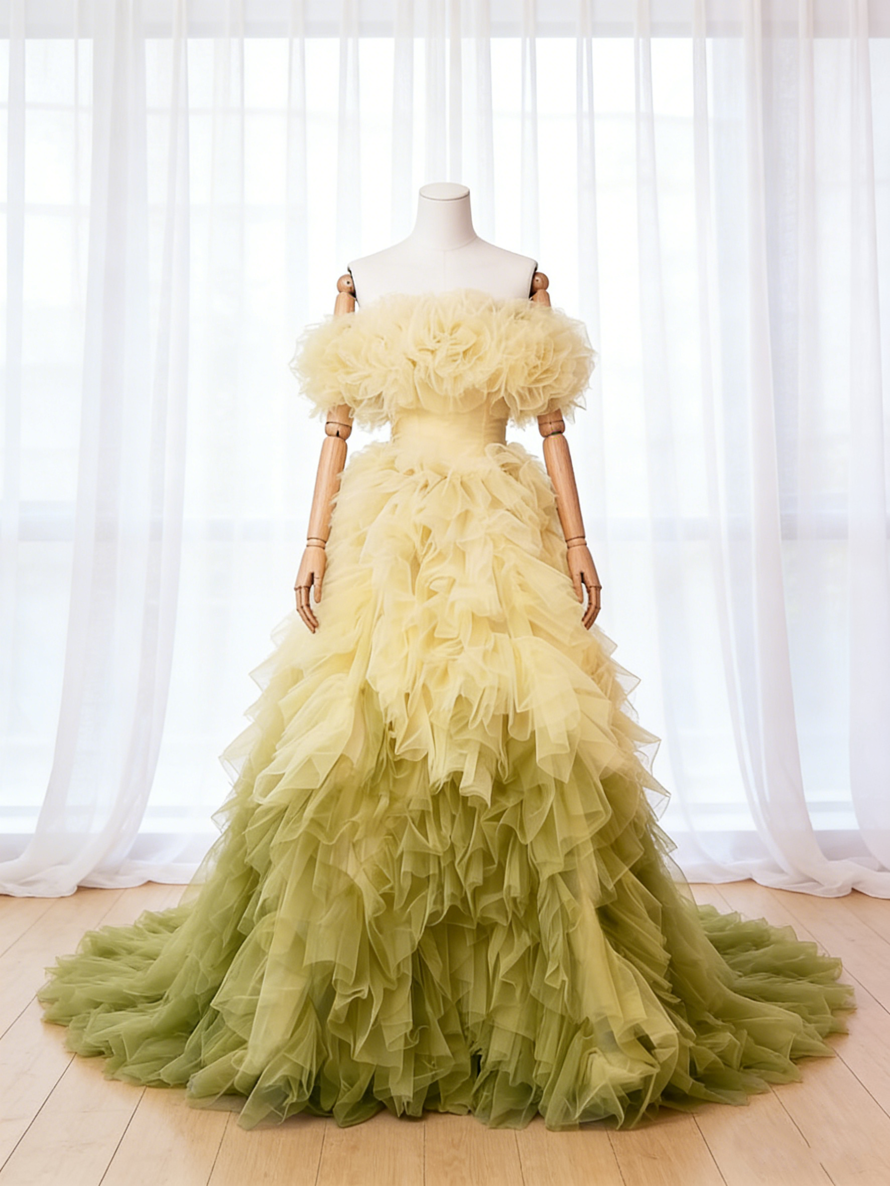 送料無料！カラードレス グラデーションドレス オフショルダー イエロー グリーン もこもこドレス ブライダル 花嫁