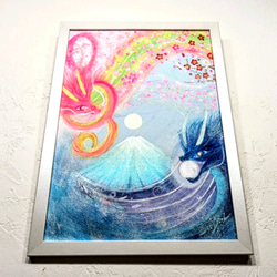 風水吉祥絵画＊幸せ空の龍と鳳凰～桃富士光雲海～豊かさ出世 愛情 子宝