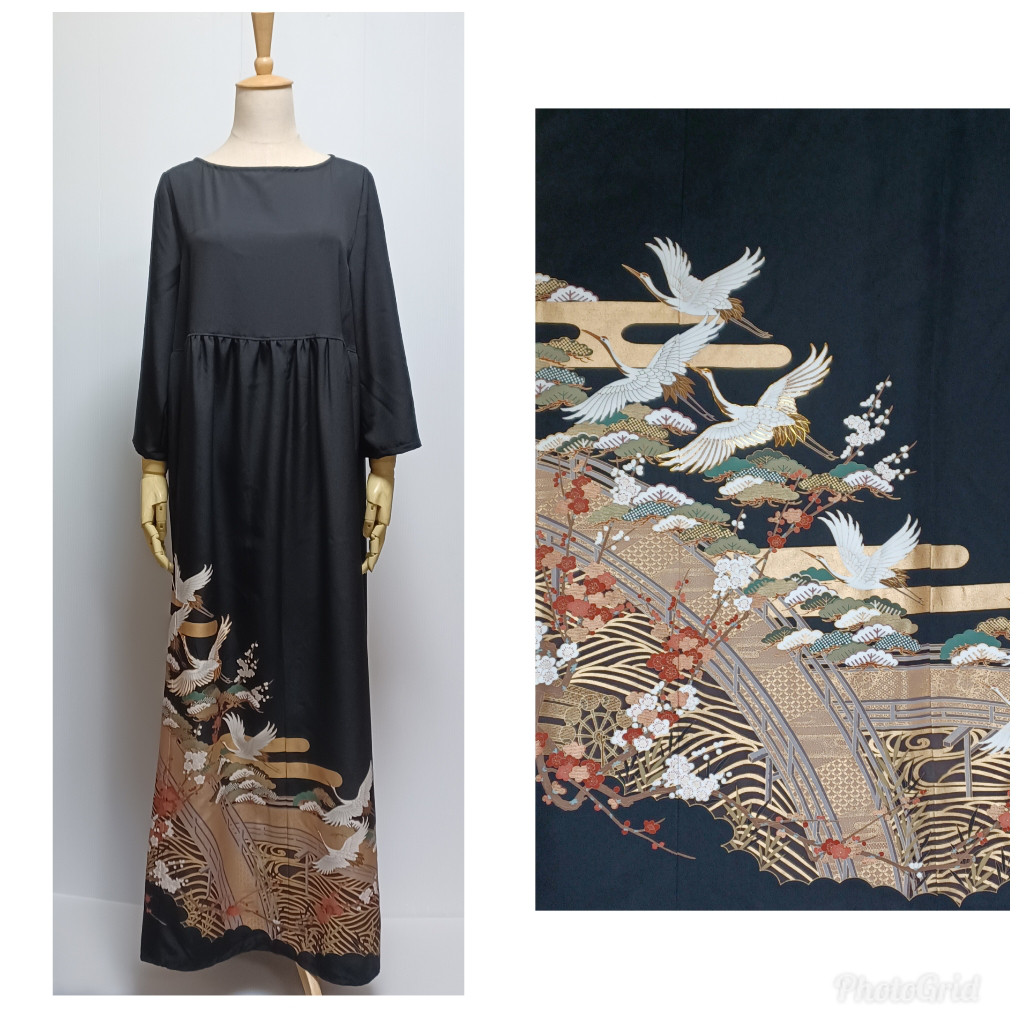 着物リメイク　留袖　鶴　花　松柄　L　ウエスト切り替え・七分袖ワンピース