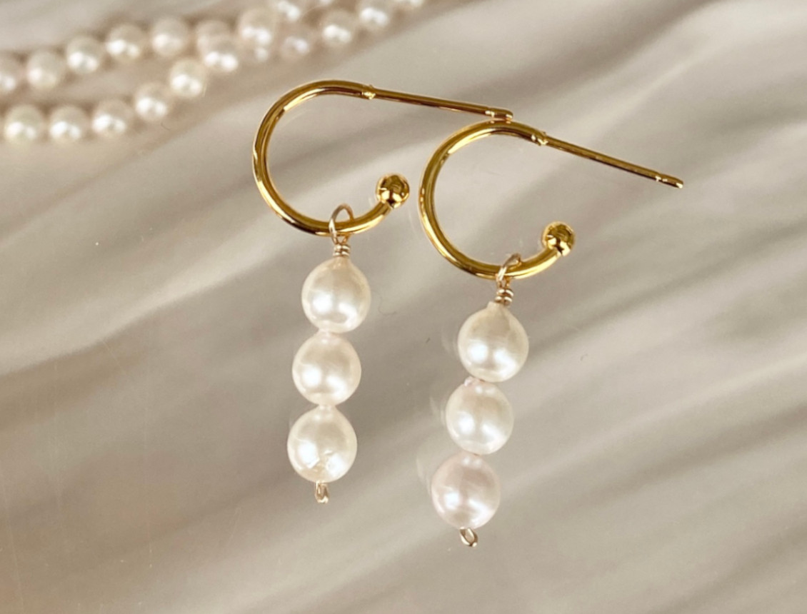 3粒あこや真珠の2WAYフープピアス　14kgf　パール　サージカルステンレス　ウェディング　入園式　金属アレルギー