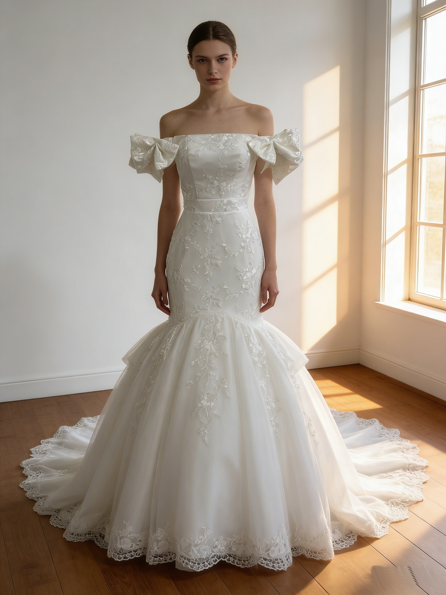 ウエディングドレス  オフホワイト  オフショルダー 細見えシルエット  トレーン  リボン  結婚式