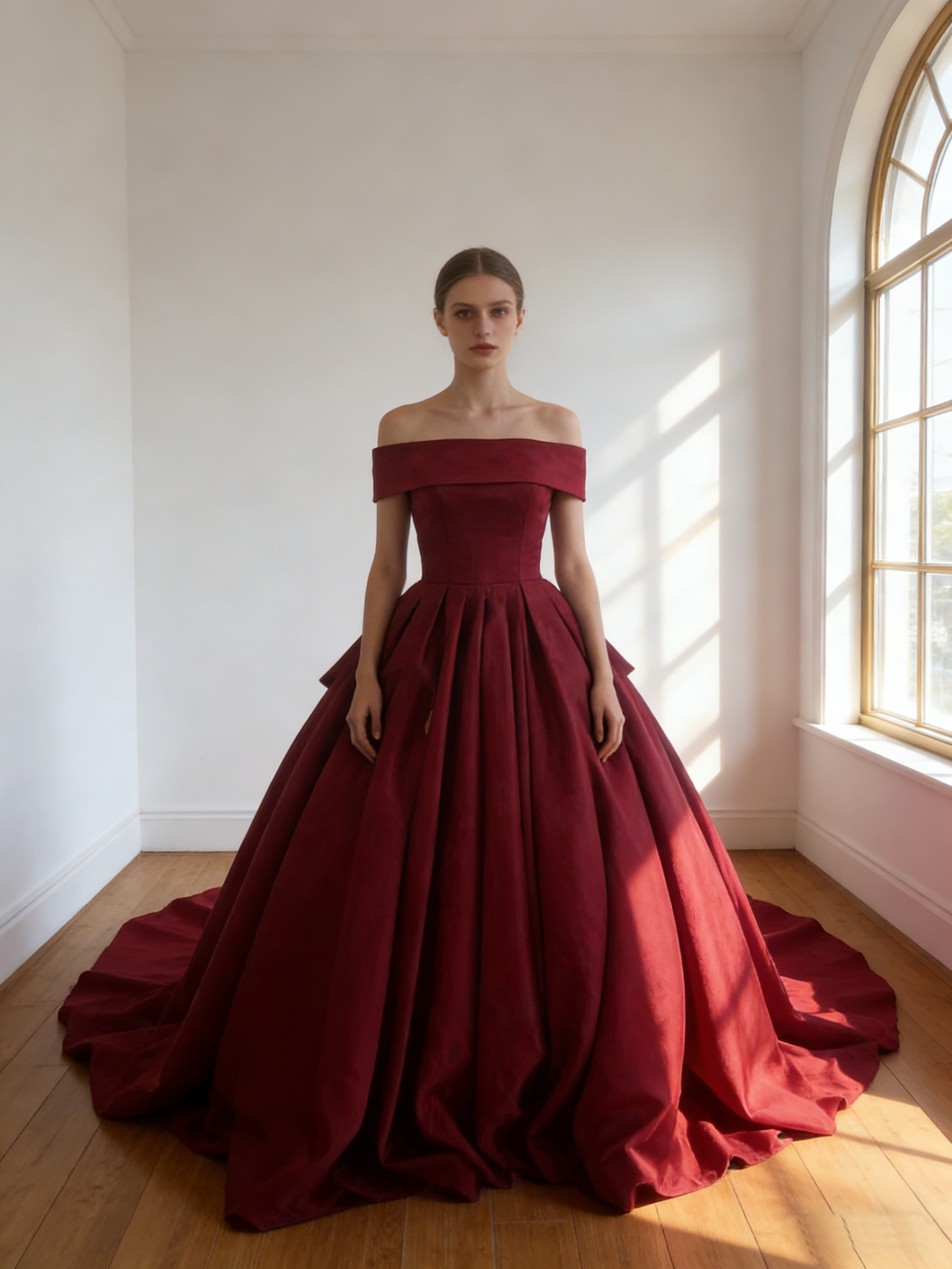 カラードレス  ボルドー色  オフショルダー  光沢サテン  華やかなトレーン  花嫁 前撮り