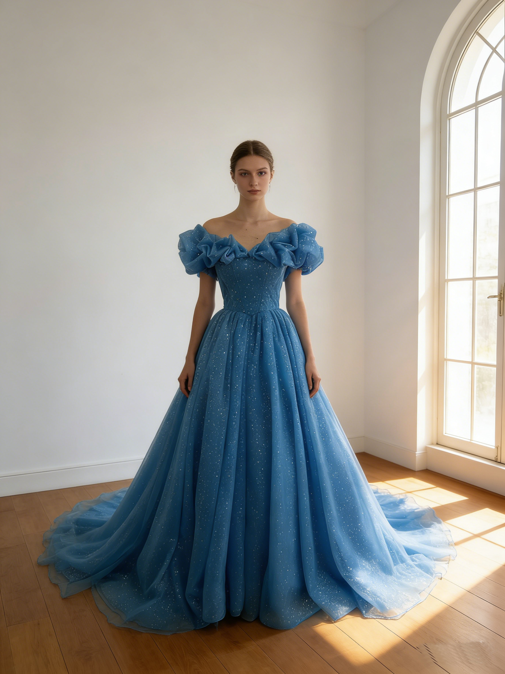 カラードレス  ブルー  オフショルダー  編み上げ  シークインチュール  華やかなトレーン  ブライダル