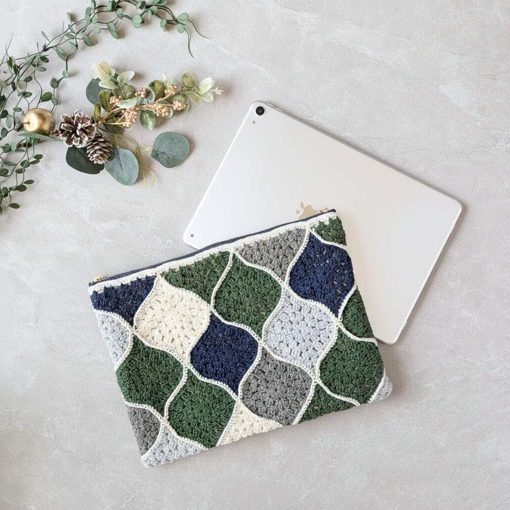 ＼特別価格／やさしい手触り✦手編み×ヌビキルト　のタブレットケース【11インチ対応】春の超早割2026　グリーン