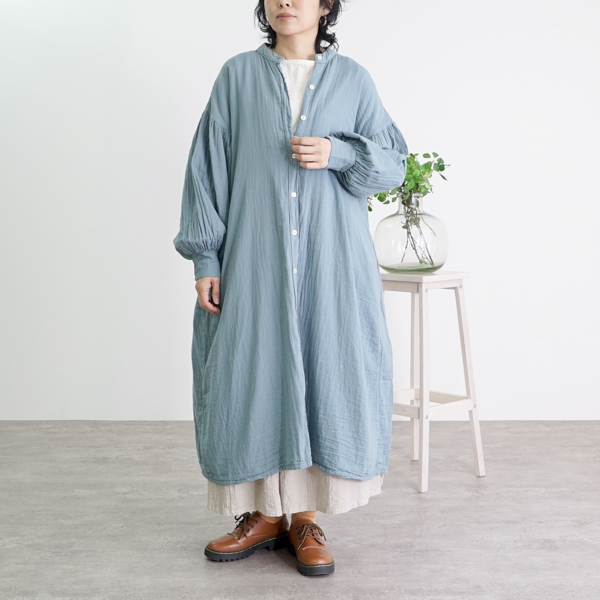 ガーゼシャツワンピース/ミストブルー/知多木綿 12,166円