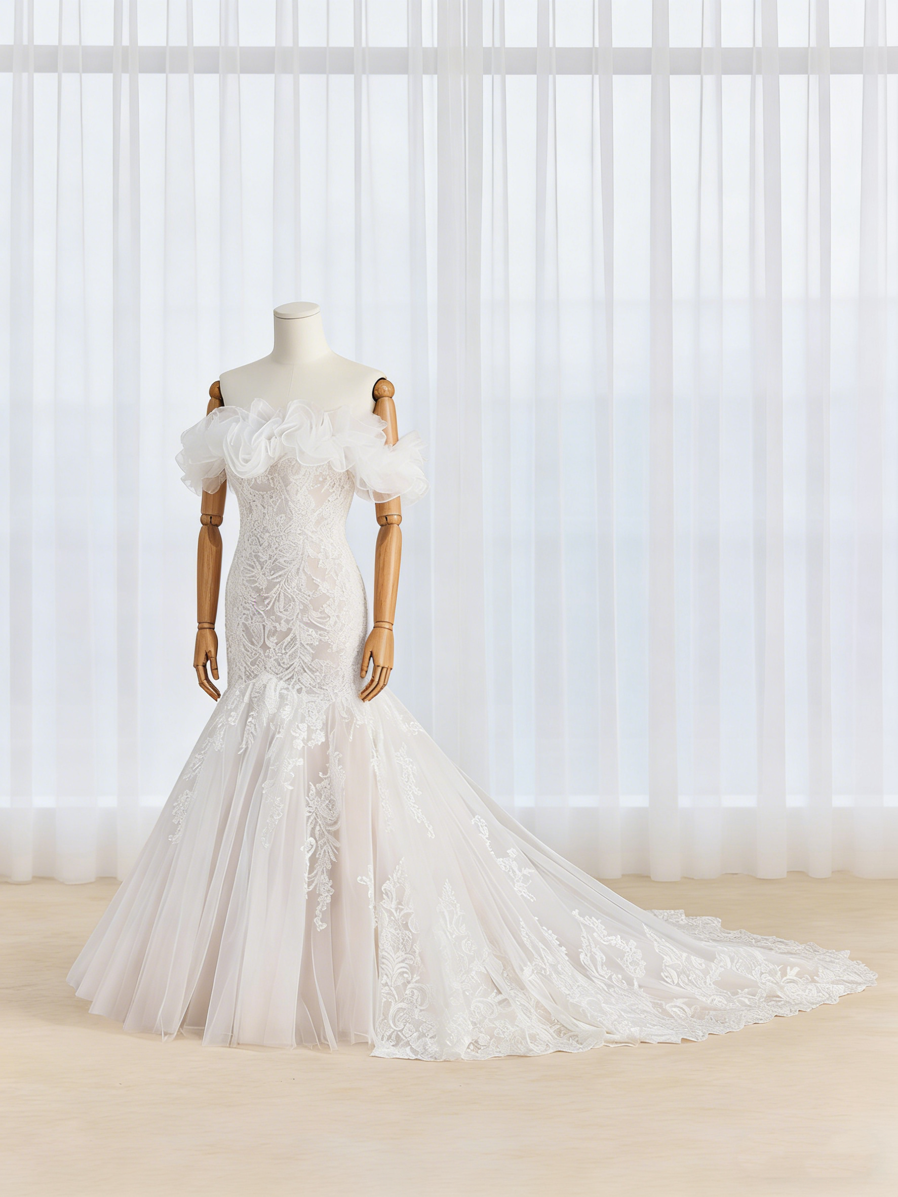 送料無料！ウェディングドレス オフショルダー マーメイドライン 花柄モチーフで刺繍が美しい 優雅なシルエット 結婚式