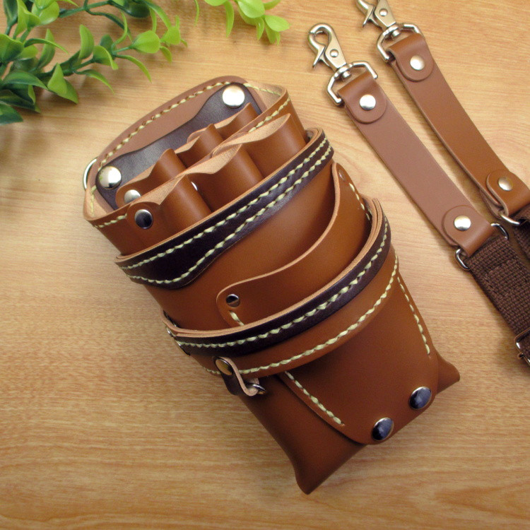 本革　ハンドメイド　6丁差しシザーケース (キャメル×焦げ茶)　SCA-61/CCA