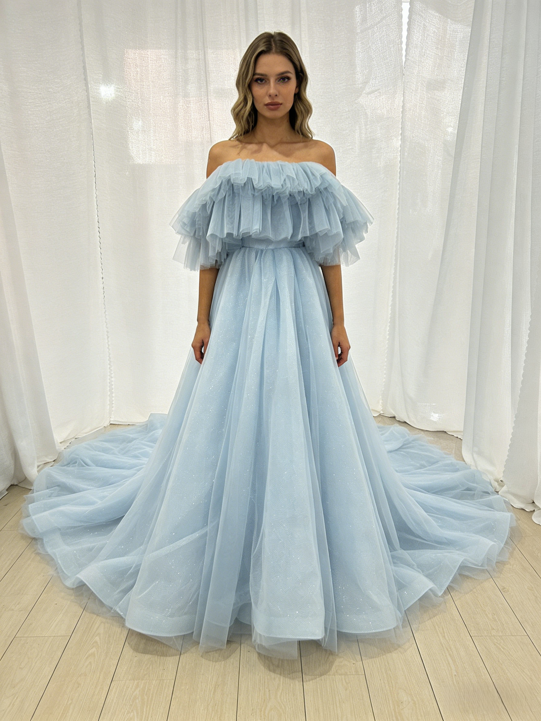 カラードレス ブルー オフショルダー キラキラチュール ロングトレーン 憧れのドレス 披露宴