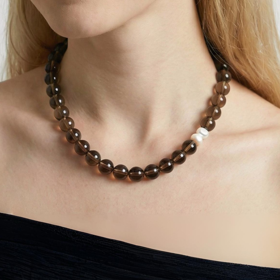 スモーキークォーツネックレス｜10mm天然石×淡水パール｜K18ゴールド + シルバー925｜北欧ミニマル