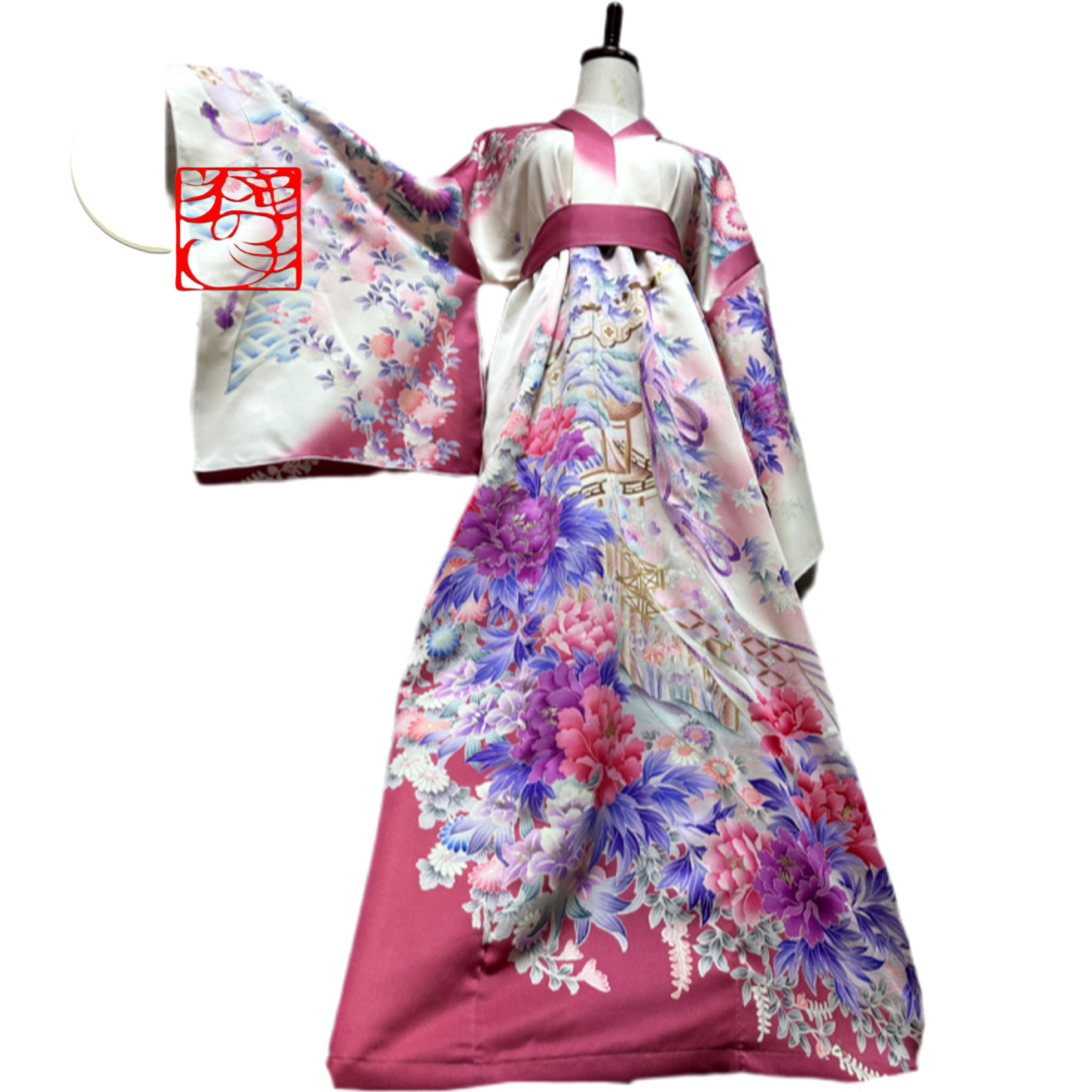 振袖　着物リメイク　着物袖ドレス　　和柄　ワンピース　牡丹や御所車　丈125