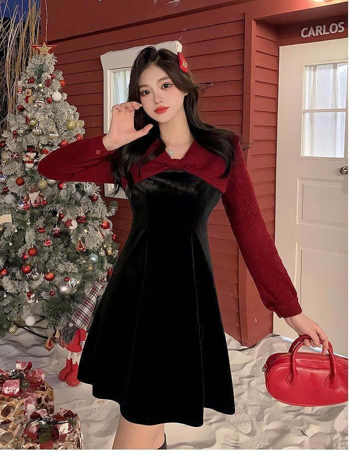 大きいサイズ　 レディース ワンピース　春 秋冬 新品 長袖　レッド　バイカラー