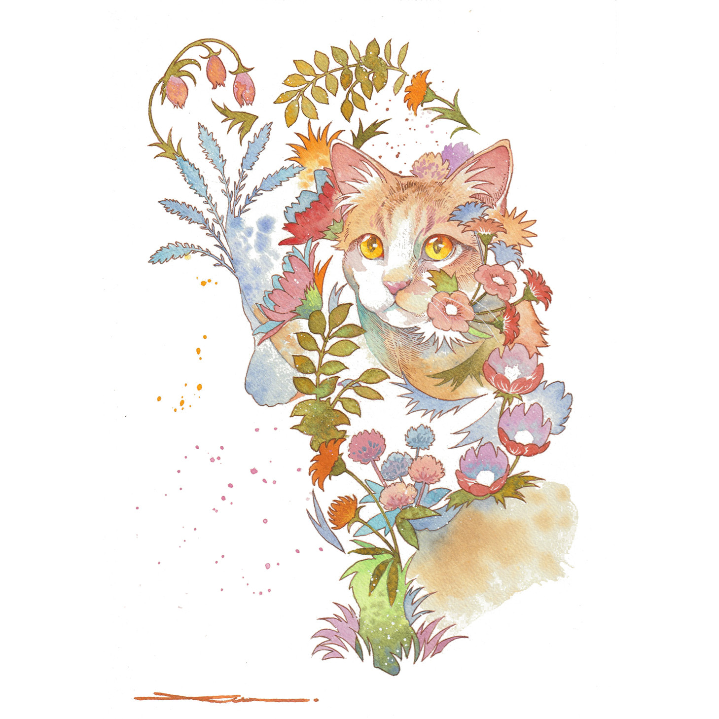 猫(歩く)_水彩原画_イラスト