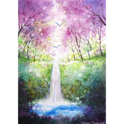 原画】庭園の風景（水彩画/額無し）☆送料無料 風景画 新緑 絵画