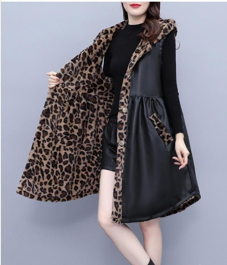 L~大きいサイズ　レディース　秋冬　ヒョウ柄　コート　アウターエコレザー ♡：