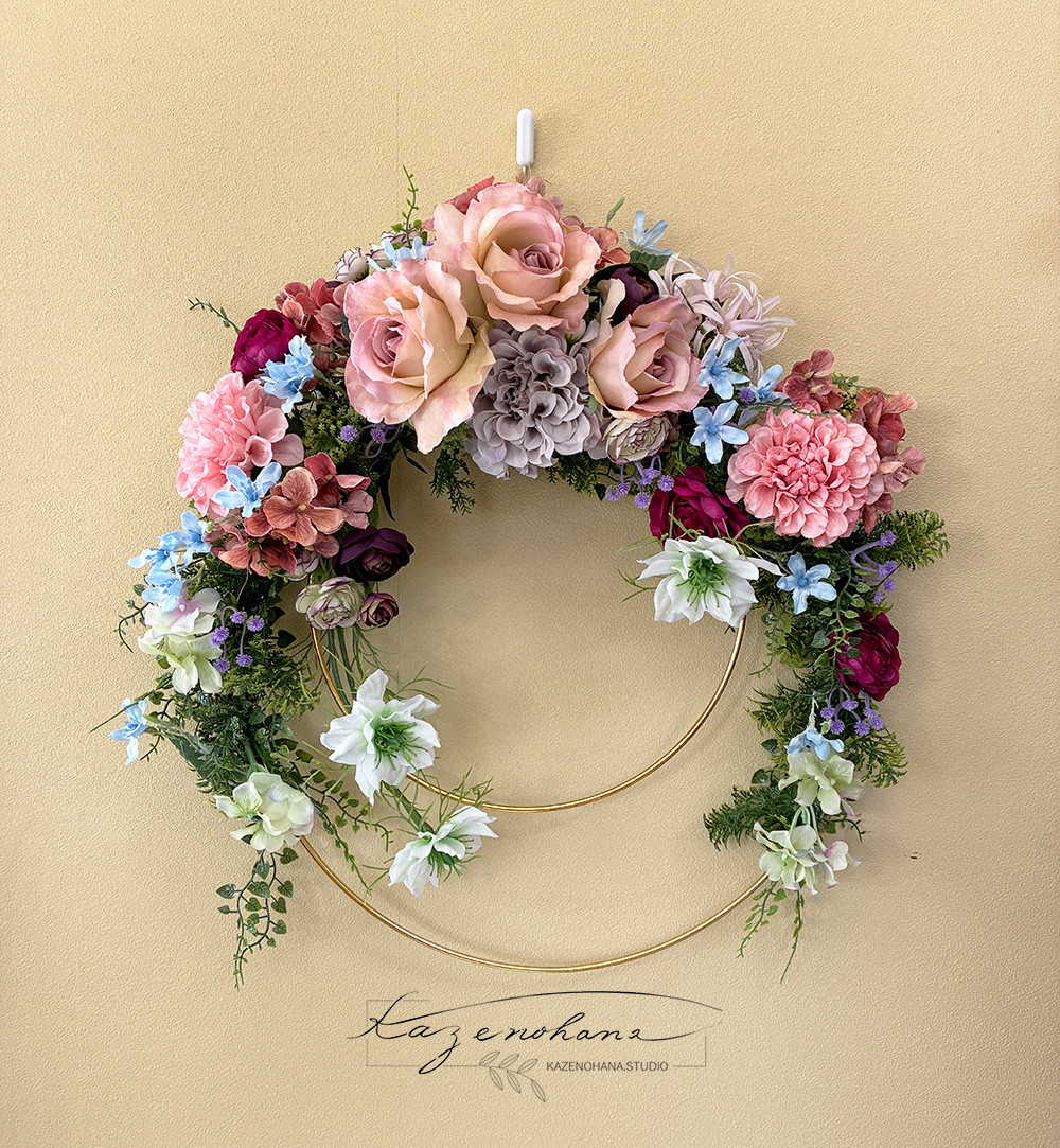 春待ちリース＊Ф40cm　ダブルリングのリース＊一点物＊ギフト＊アーティシャルフラワー