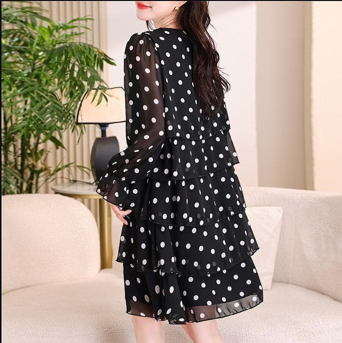 新品 大きいサイズ 春秋冬 ドット シフォン ティアード ワンピース 長袖ｊ７
