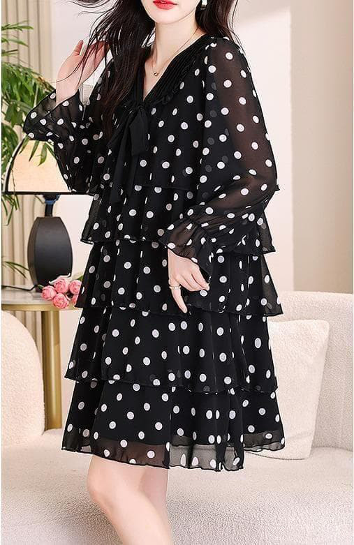 新品 大きいサイズ 春秋冬 ドット シフォン ティアード ワンピース 長袖ｊ７