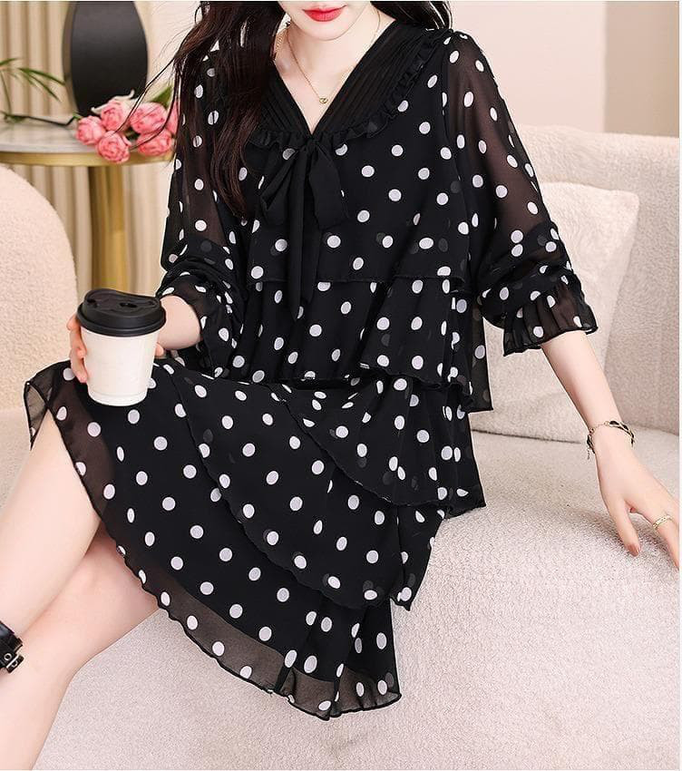 新品 大きいサイズ 春秋冬 ドット シフォン ティアード ワンピース 長袖ｊ７