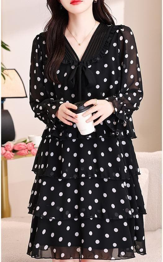 新品 大きいサイズ 春秋冬 ドット シフォン ティアード ワンピース 長袖ｊ７