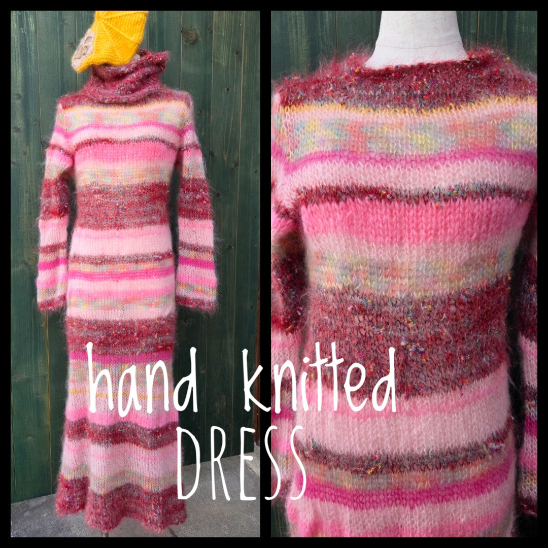 ※送料無料※ふわふわピンク色※春のニットロングワンピース※手編み※モヘア※スヌード付き※レトロ可愛い※グラデーション