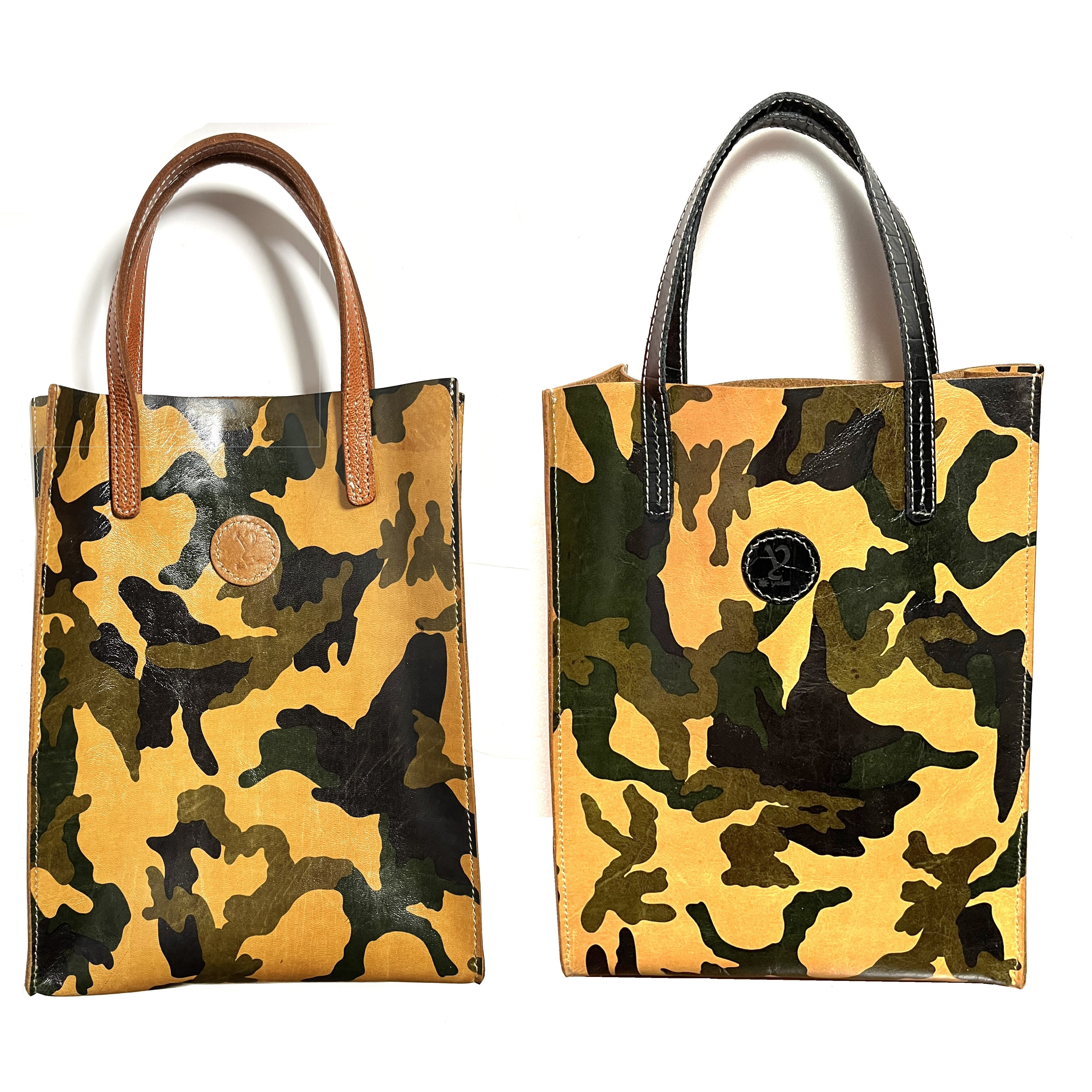 幸運を運ぶ本革のサブバッグ(ハンドメイド,迷彩柄ミニトートバッグ