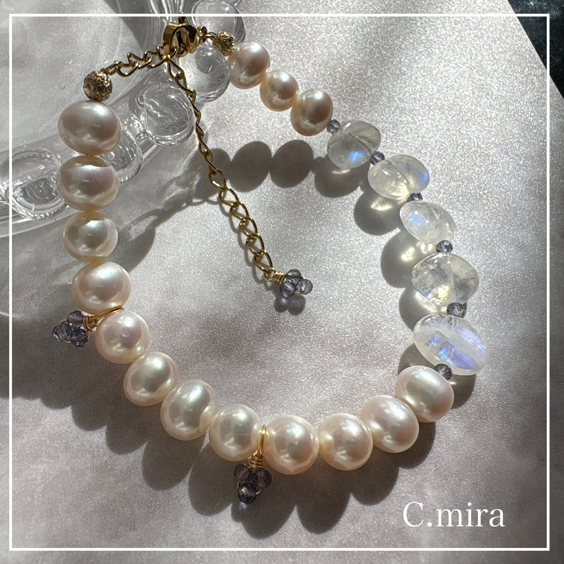 天然石 ブレスレット / ホワイトラブラドライト アイオライト パール 金具選択可能