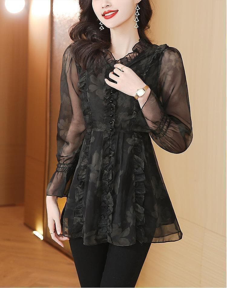 新品 大きいサイズ花柄メッシュ シースルー フリル シフォンブラウス秋冬 長袖✿