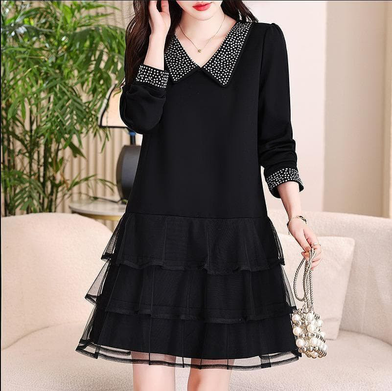 新品 大きいサイズ 春秋冬ラインストーン メッシュ切替 ワンピース n