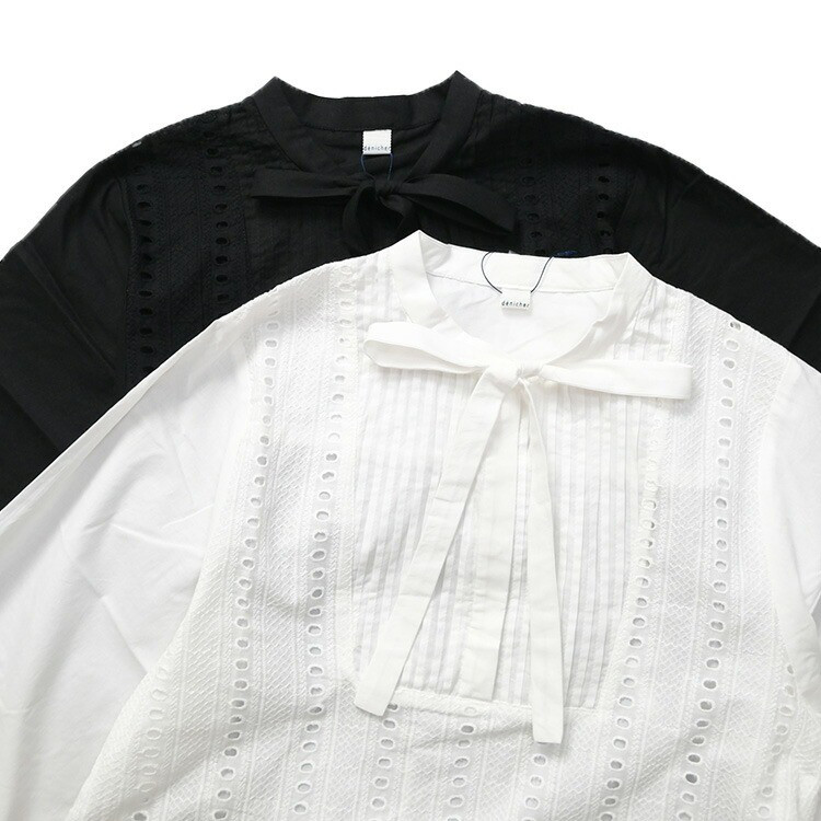 【2026SS 春夏】コットン 刺繍 切替 ボウタイ ブラウス D261104  denicher デニシェ