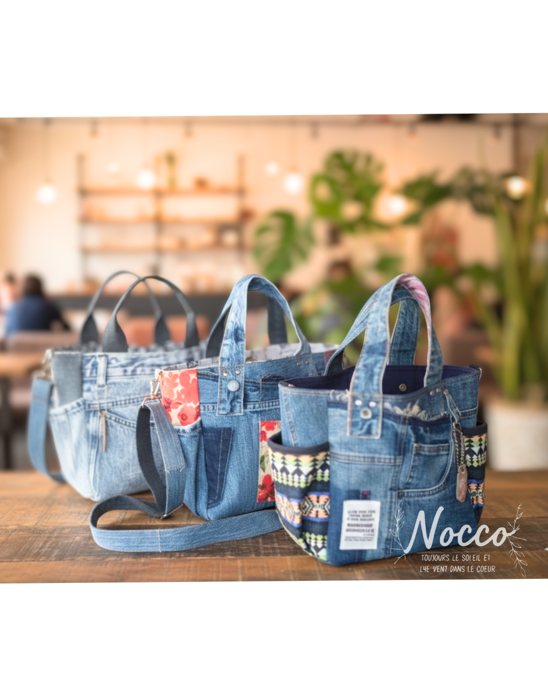 №837【DENIM✖️北欧柄サイドポケット付きトートバッグ⚮̈♥】デニムリメイクトートバッグ/ショルダーバッグ/ギフト